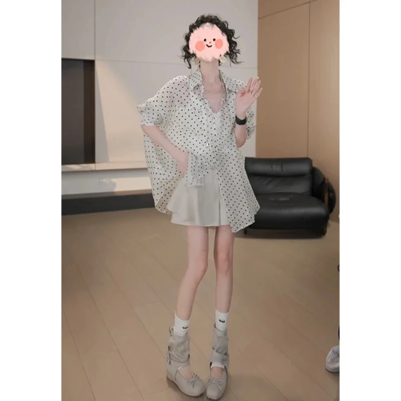 2025夏季爆款韩系温柔风甜美波点防晒衬衫A字裤裙套装洋气衣服女