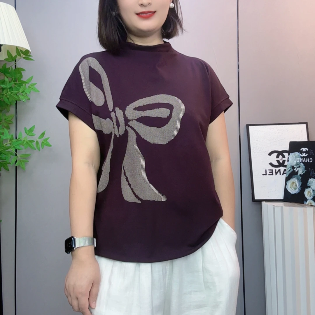 常规蝴蝶结休闲印花少女T恤重工针织圆领酷飒风女装高级感