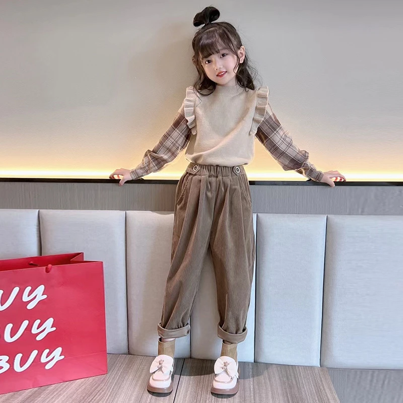 运动裤秋季套装2025新款洋气女孩女韩版衣服炸街格子仿毛衣两件套