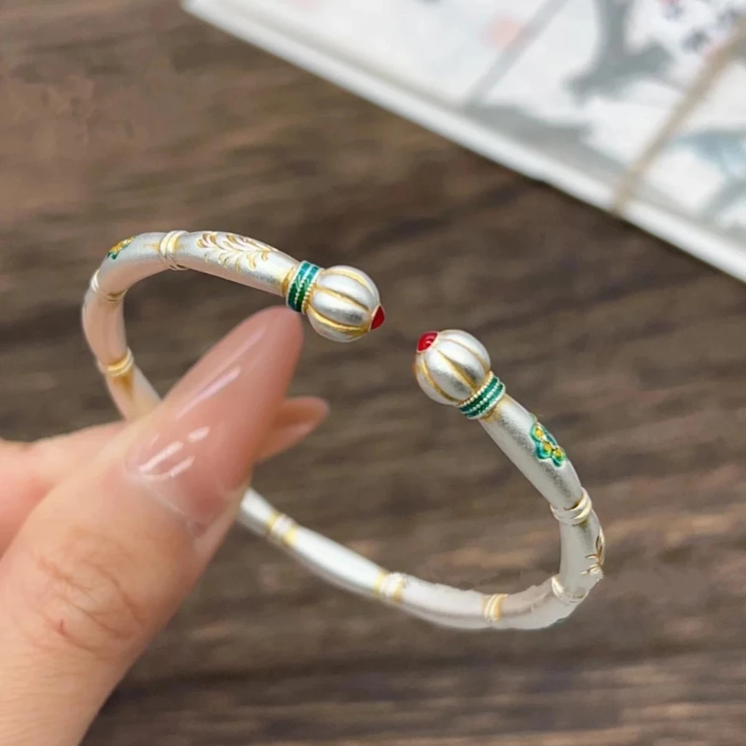 足银手镯 S46足银999.9描金珐琅彩竹节宝相花南瓜国风银手镯