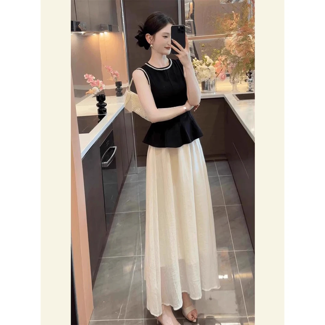 2025新中式黑色荷叶边无袖上衣女夏高腰半身裙两件套装白月光套装