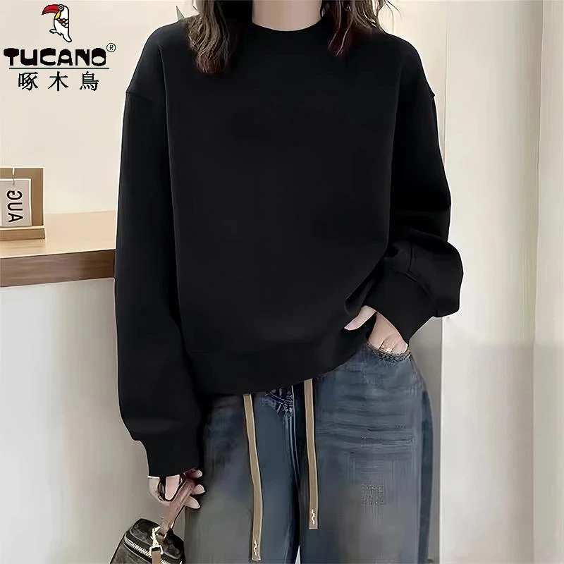 啄木鸟纯棉圆领高级感简约纯色印花百搭长袖卫衣春秋款宽松打底衫