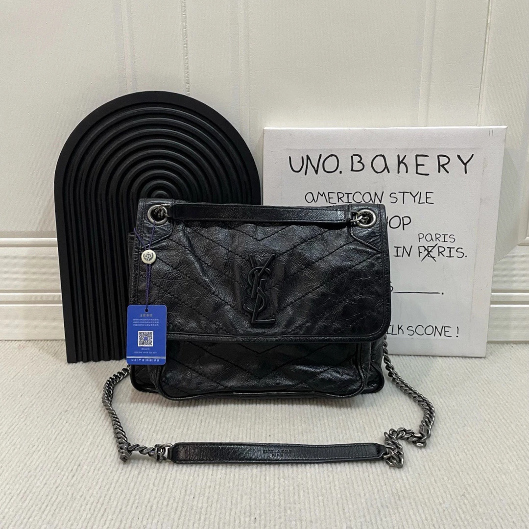 95新 YSL/圣罗兰 【蔡包紫】黑银Niki中号