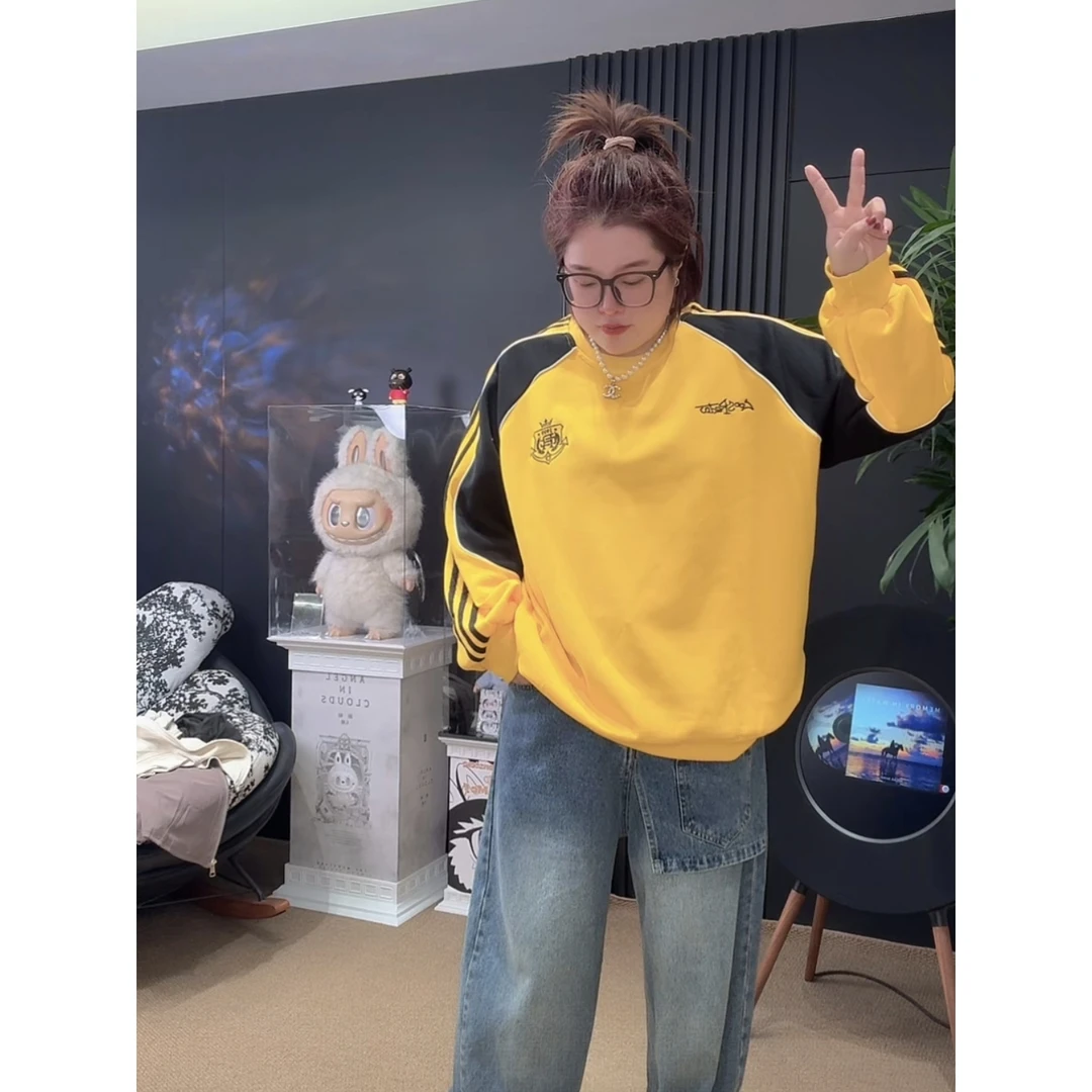 「涵涵家」美式复古刺绣拼接圆领卫衣情侣款宽松百搭显瘦上衣#68186