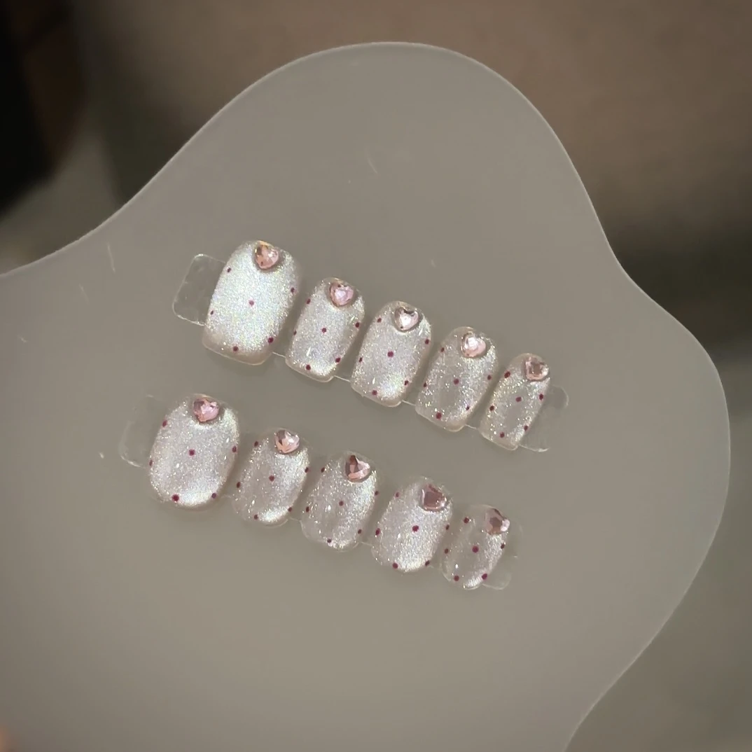 【波点粉晶】穿戴甲猫眼猫眼高级感贴片穿戴甲手绘穿戴甲高颜中长款