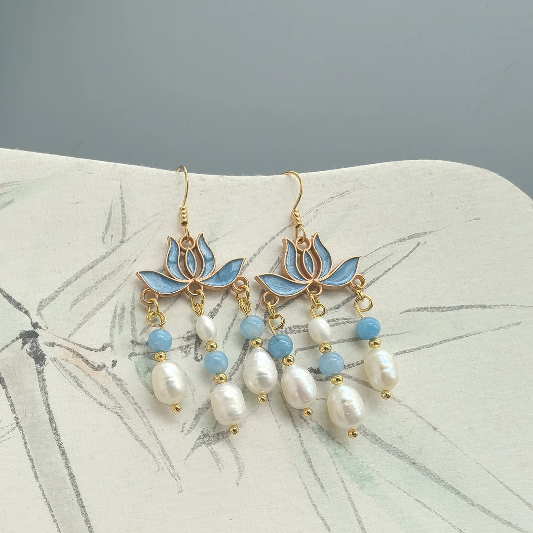 非金属羽毛耳饰 淡水荷花耳饰古风