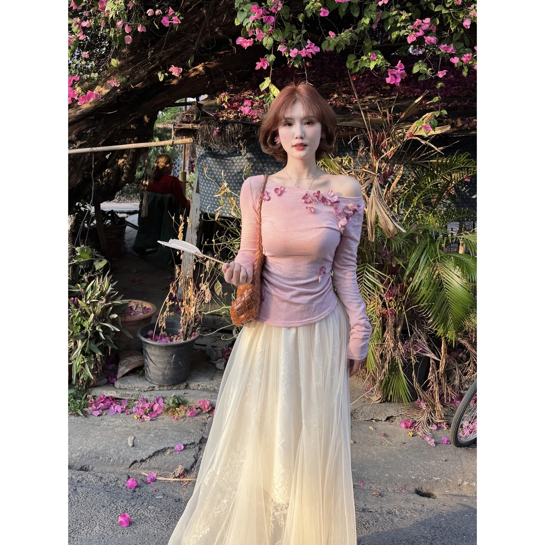 蕾英俊-意欢-春季新款仙气网纱蕾丝高腰长款半裙-JF5819