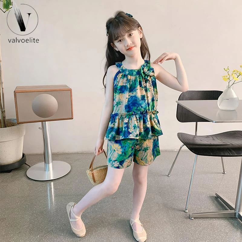 VALVOELITE女童夏款冰丝兰花套装新款儿童夏季挂脖上衣短裤女大童
