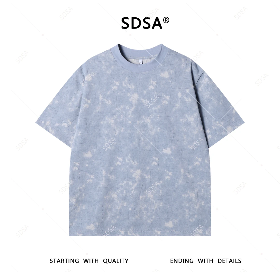 SDSA夏季新款男士痞帅扎染虚线方形设计短袖T恤百搭时尚圆领上衣