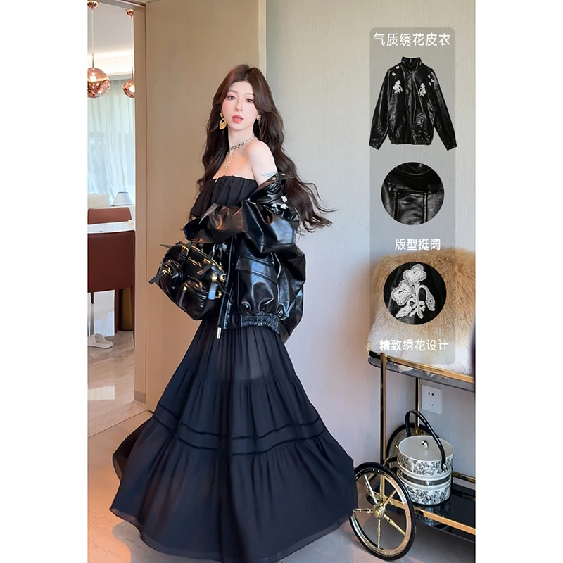 小雨姐姐【飒爽皮衣】时尚绣花口袋小个子休闲皮衣外套女2025秋新款