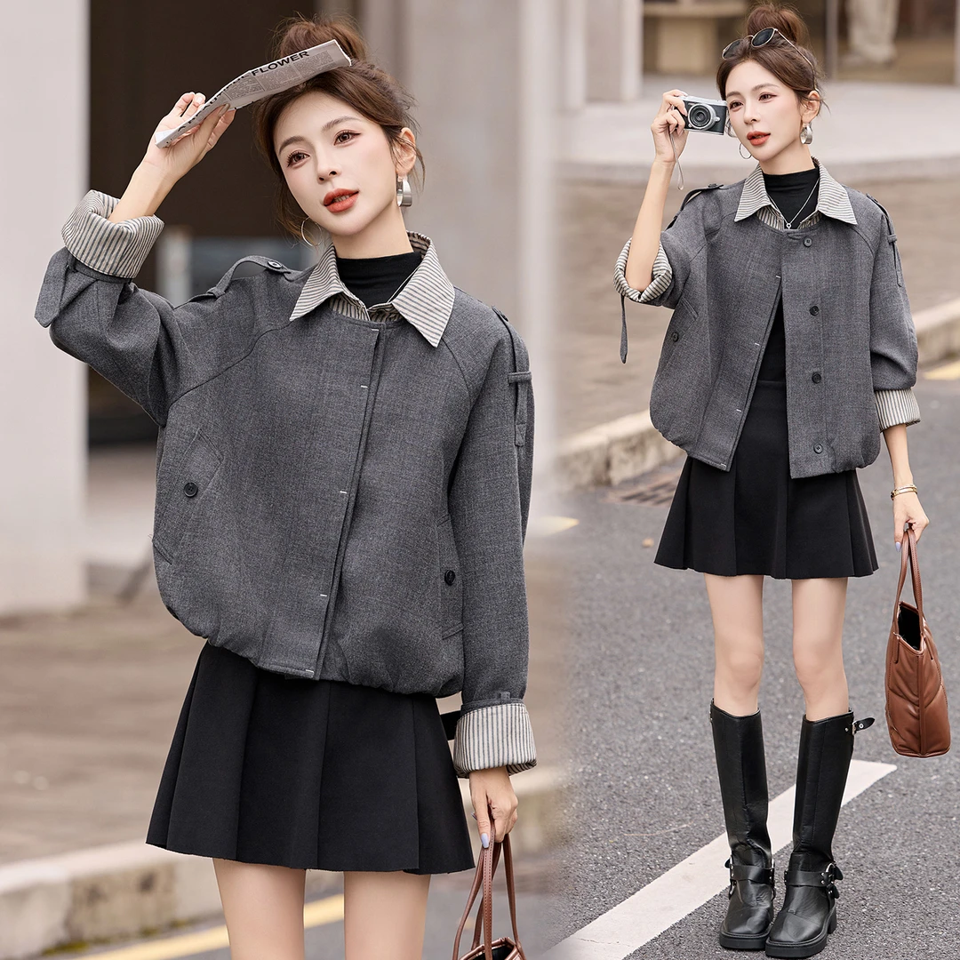 设计感条纹拼接毛呢外套女2025年秋冬新款小个子洋气时髦短款上衣