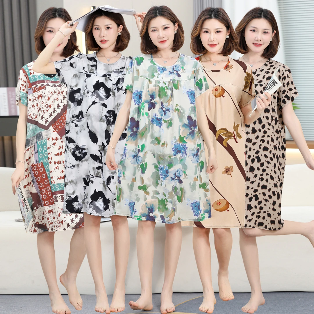 夏季棉绸短袖睡裙家居服人造棉宽松透气妈妈装可外穿薄款女装短袖