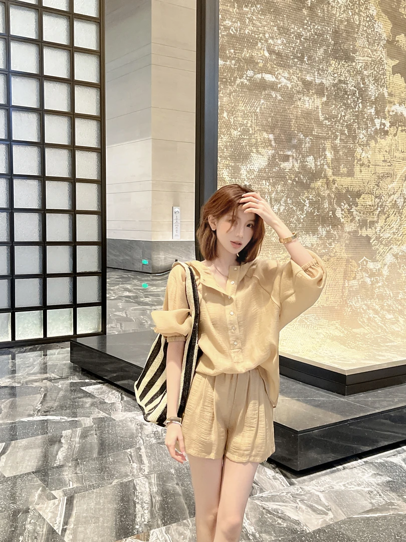【芝士Cheese】白茶气泡水冰凉衬衫套装短裤夏季休闲小众气质套装