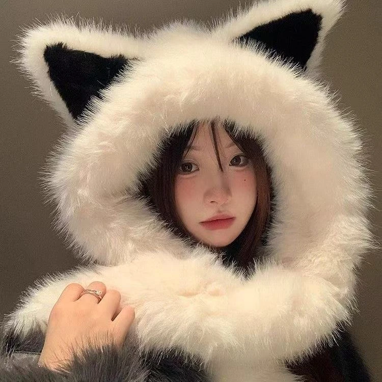 大狐狸毛防风包头帽针织极简风加厚狐狸耳保暖帽巾帽子长款