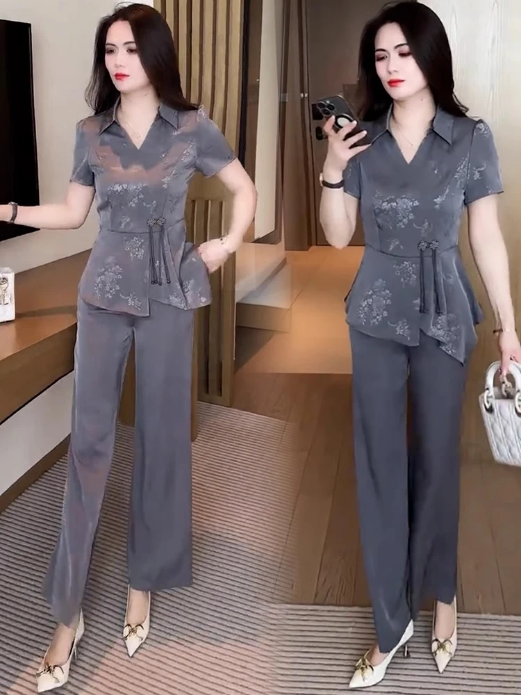 冰丝时尚套装女2025夏季洋气显瘦印花盘扣短袖上衣阔腿裤两件套潮