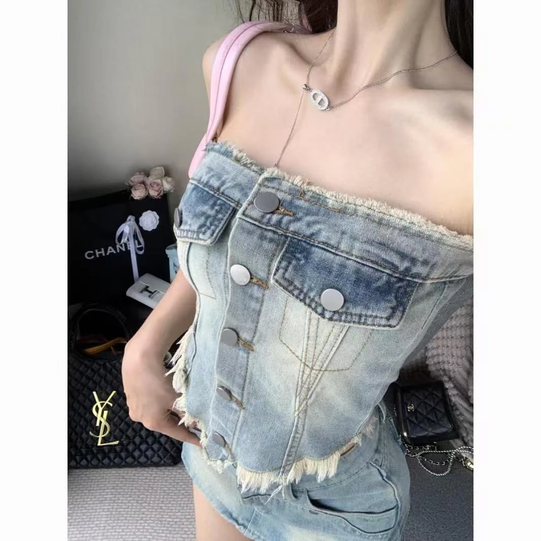 2025夏季新款美式辣妹复古水洗牛仔简约抹胸毛边设计感上衣显瘦