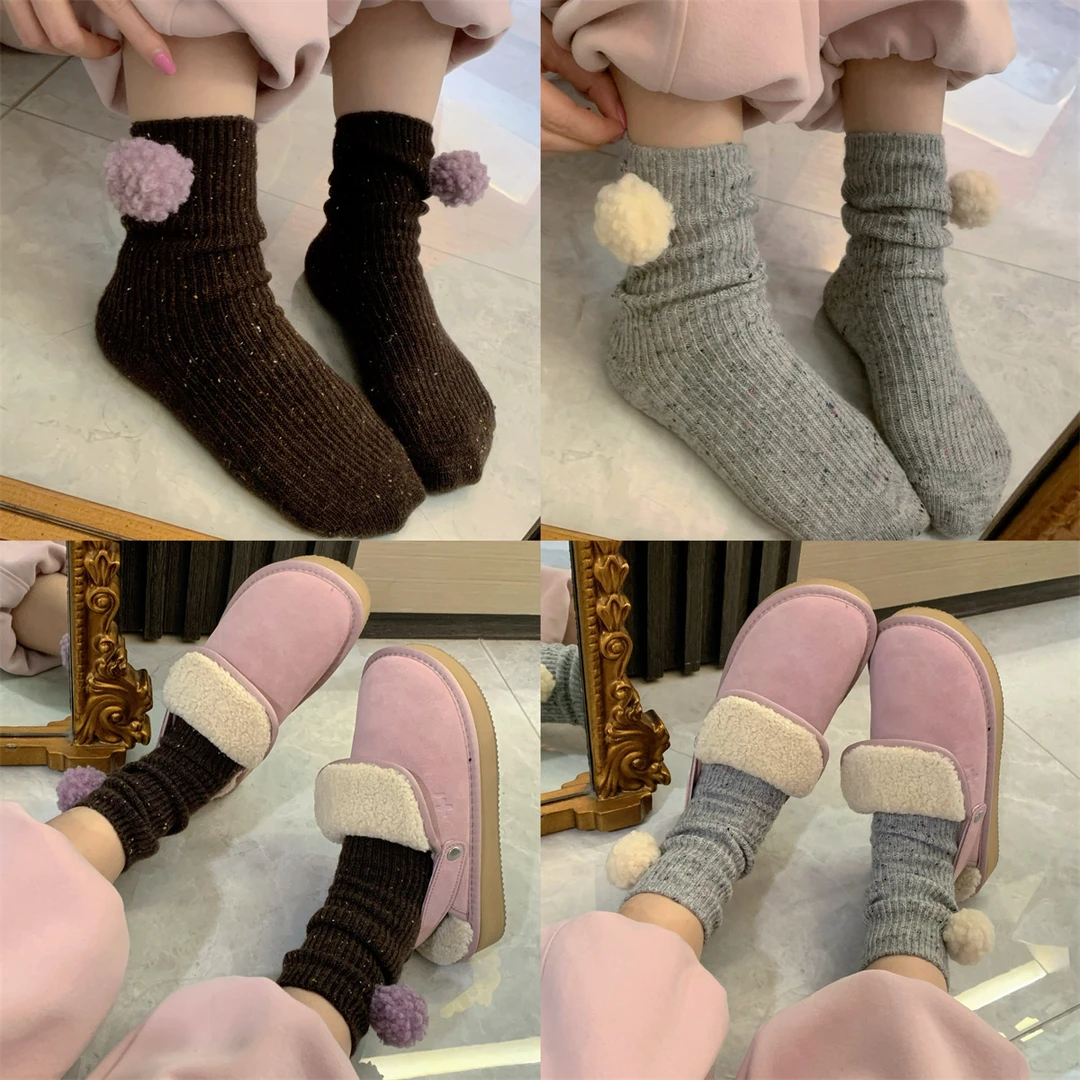 JENNIFER JXLIU自留东大门灰色咖色羊羔毛侧面毛球球羊毛保暖袜子