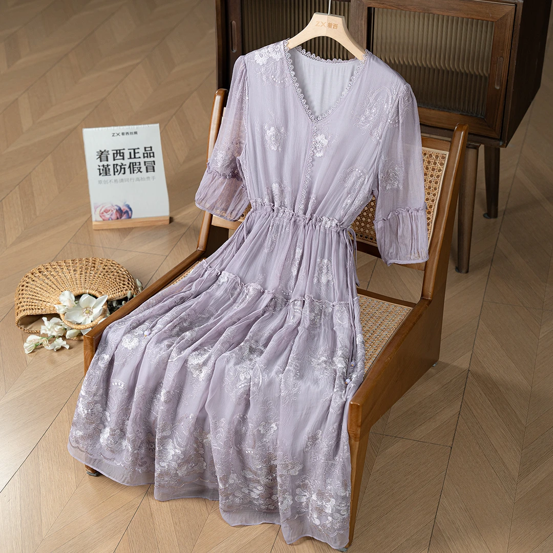 ZHUOXI/着西2025早春新款100桑蚕丝重工绣花宽松连衣裙82599120