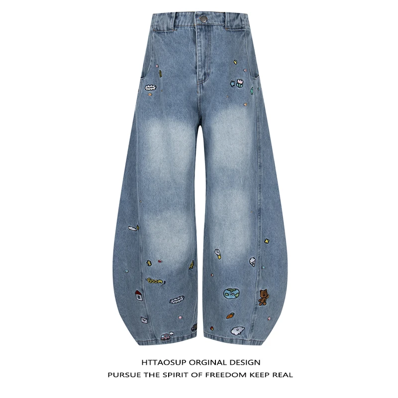 春秋新款宽松卡通刺绣弯刀牛仔裤男女美式复古水洗阔腿显瘦长裤潮