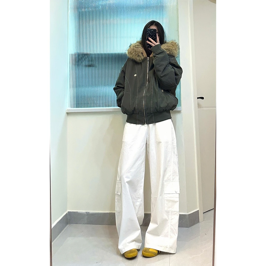 LIQINGSHAN 美式座山雕毛领连帽棉服男女冬季加厚保暖面包服外套