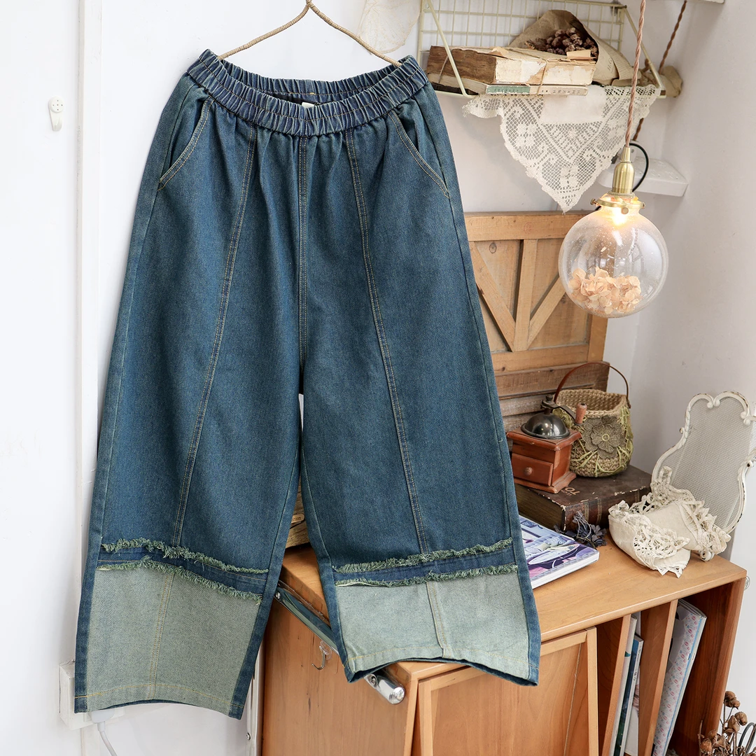 美村2025新款春夏日系森系原创女装重工刺绣宽松减龄牛仔裤阔腿