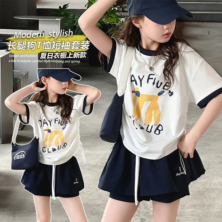 女童假两件裙裤套装2025夏季新款女大童洋气夏装印花短袖T恤爆款