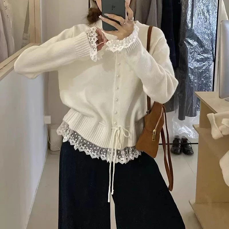 蕾丝花边系带韩系穿搭收腰毛衣女秋季新款时尚减龄遮肚针织衫上衣
