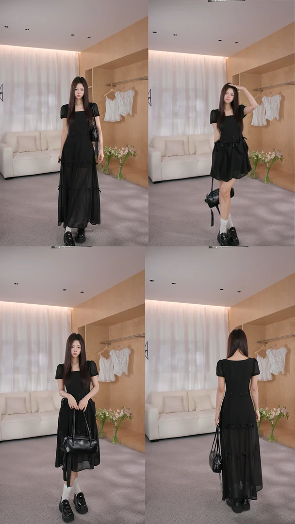 【小野莓】春夏三穿高级感时髦精致方领蝴蝶结短袖连衣裙子BL97288