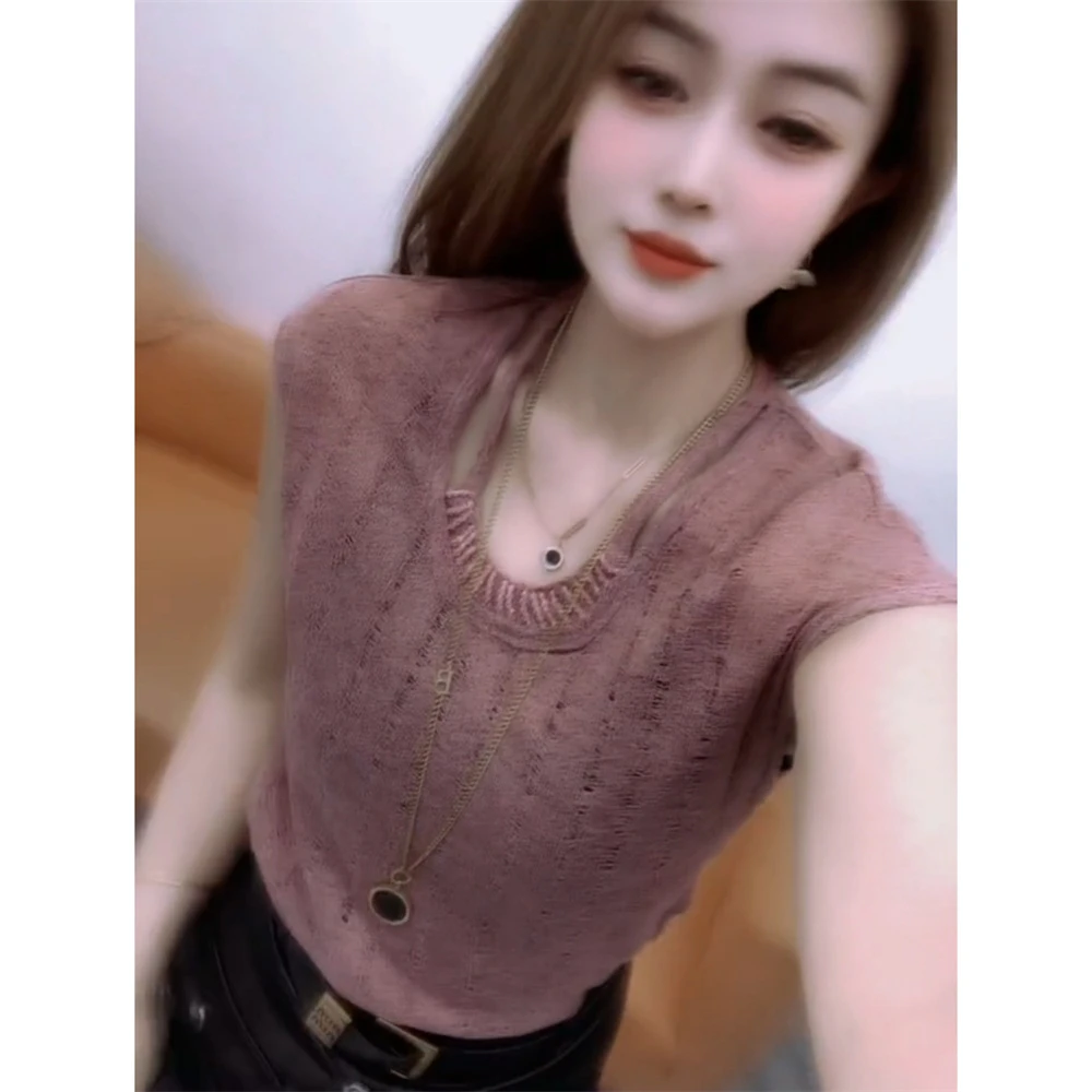 欧洲站2025夏季无袖针织t恤显瘦上衣时尚女装重工缝珠透视打底衫