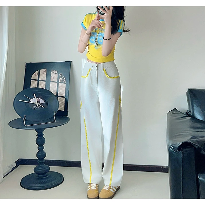 韩系字母印花短袖圆领正肩t恤女高级感撞色条纹阔腿牛仔裤套装