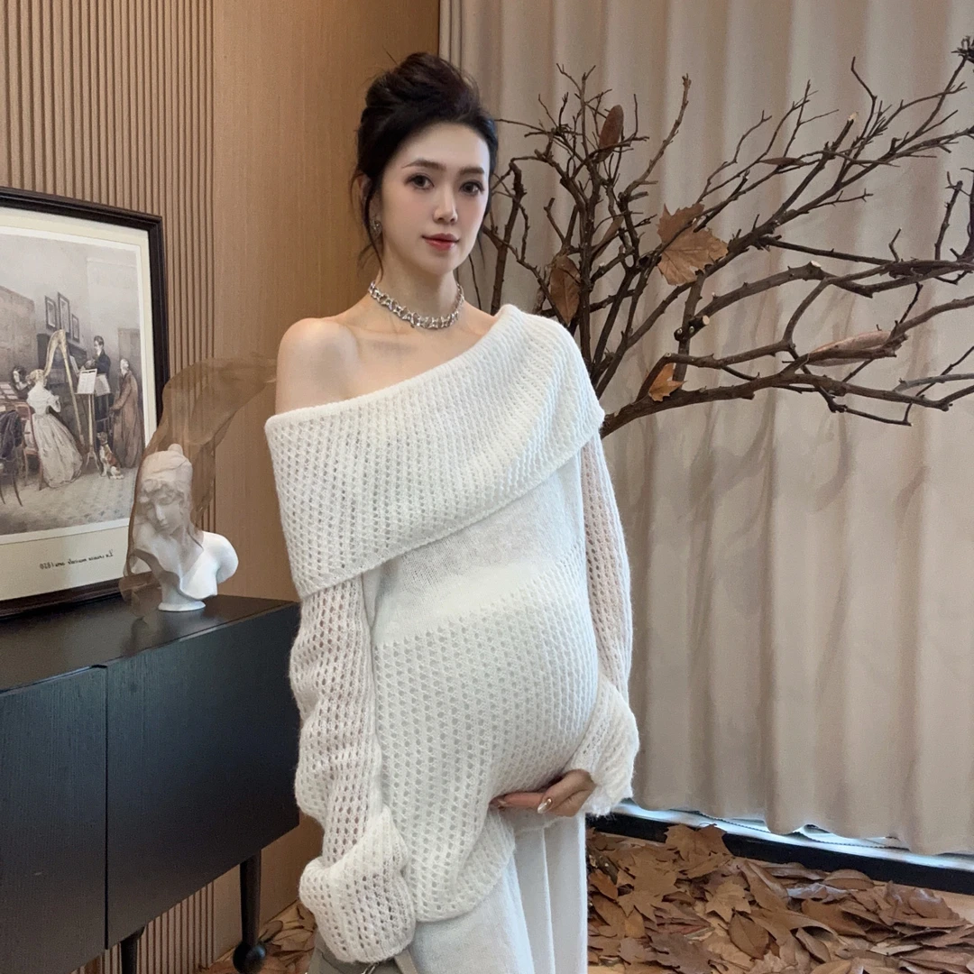 Zoey孕妇装［千千阙歌］秋冬甜美韩系镂空孕妈妈一字肩搭半裙套装