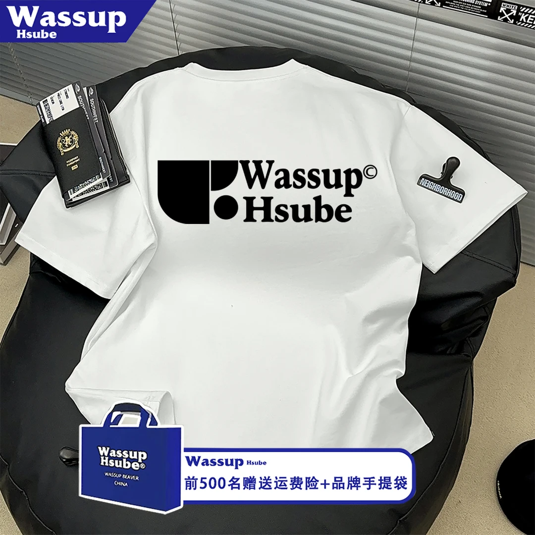 WASSUP HSUBE100%纯棉简约字母印花短袖T恤男女夏季休闲情侣上衣