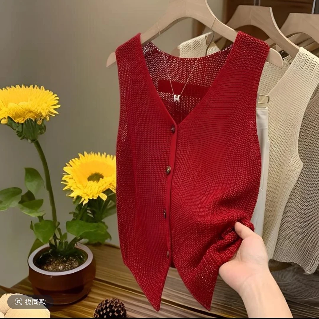 2025新款独特绝美小上衣小香风无袖外穿红色镂空马甲T恤背心女夏