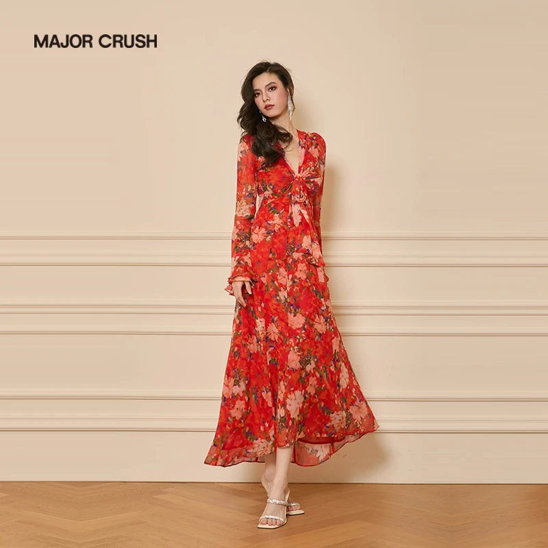 MAJOR CRUSH欧若风暮见白梨女装法式气质碎花优雅斜裁连衣裙6378