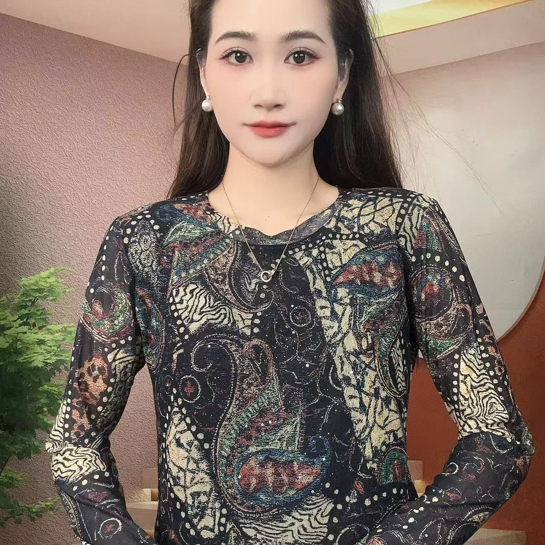 2025秋季新款长袖圆领肌肤纱时尚显瘦印花T恤上衣A505