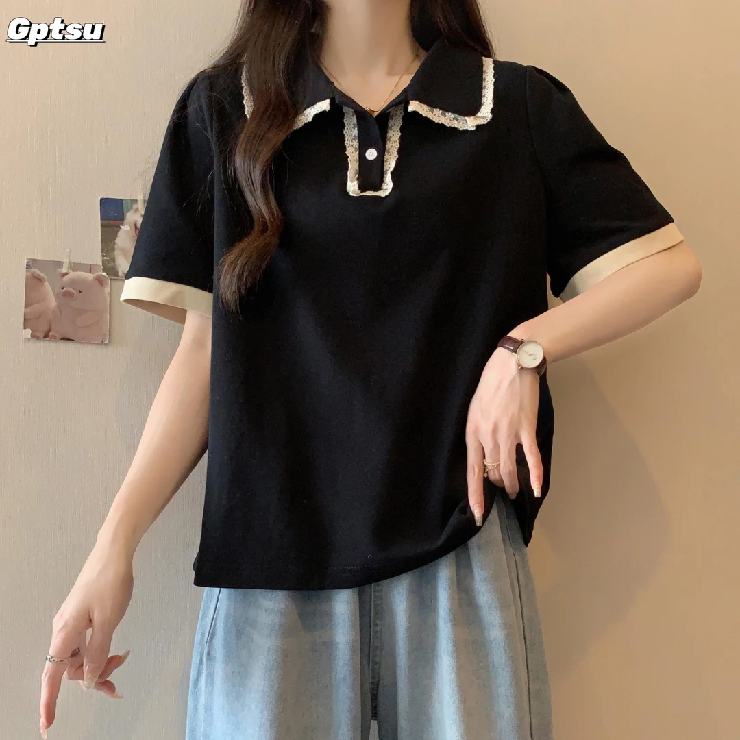 GPTSu大码女装胖mm2025夏季新款爆蕾丝娃娃领显瘦遮肚短袖T恤上衣