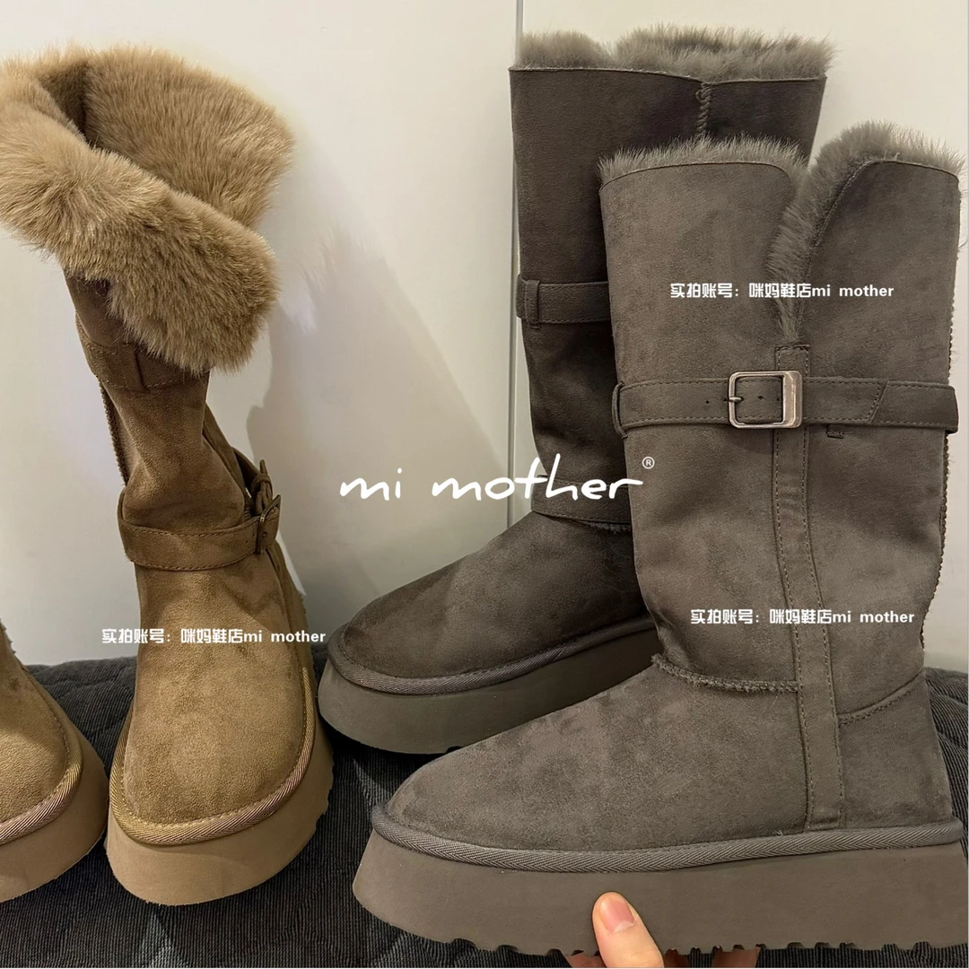 mi mother“厚底毛毛”加绒 加厚 保暖棉鞋中长筒雪地靴女冬季款