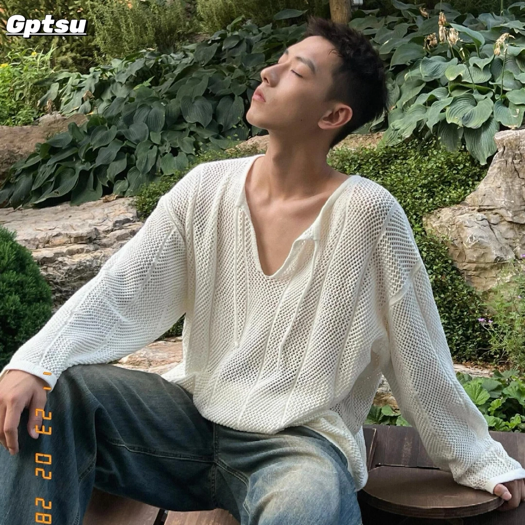 GPTSu美式复古慵懒风系绳V领针织镂空长袖T恤男夏季休闲宽松防晒
