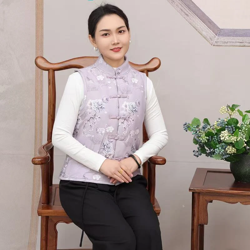 女款新中式复古盘扣国风加厚立领马甲25028#