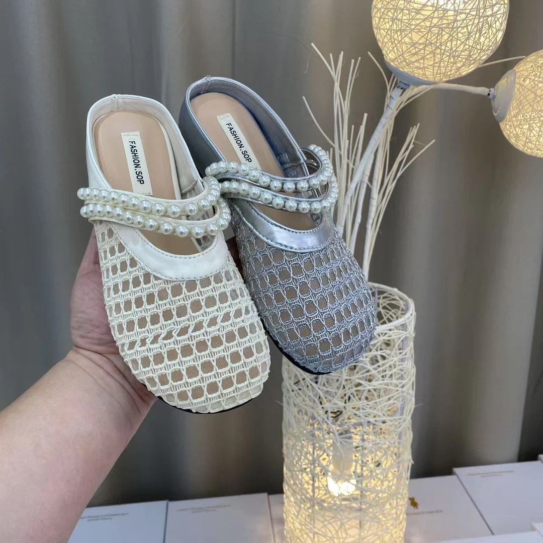 内增高5公分夏季新款法式珍珠包头半拖鞋一脚蹬凉拖单鞋J