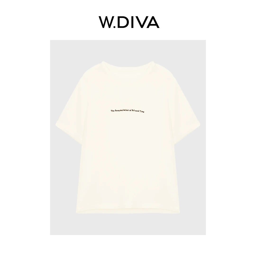 W.Diva【双生】23MM弹力重绉桑蚕丝字母绣花短袖T恤慵懒风52T172133