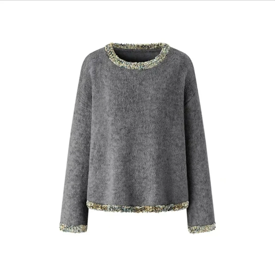新春女款小香风毛蕊花灰色软糯套头宽松高级感外穿针织上衣WD26