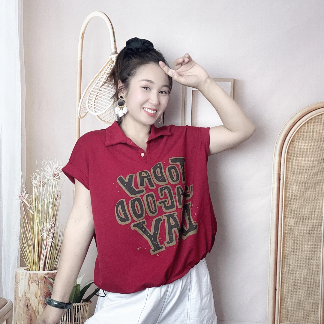 1900薇拉欧货夏季新款百搭时尚休闲显瘦衬衣领印字母T恤