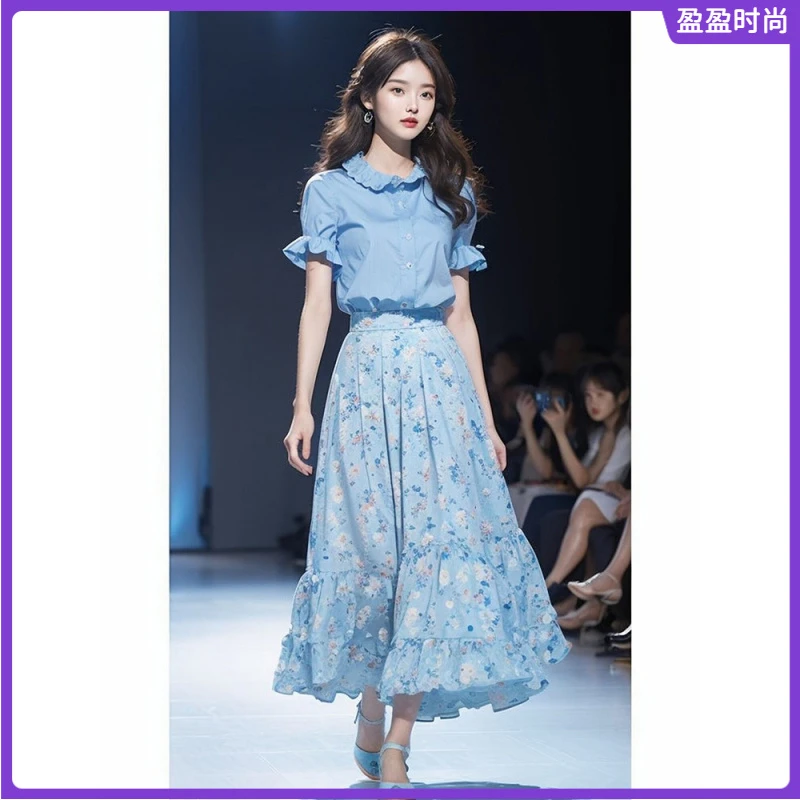 l夏装搭配一整套韩系蓝色短袖衬衫碎花半身裙套装2025女装夏季I
