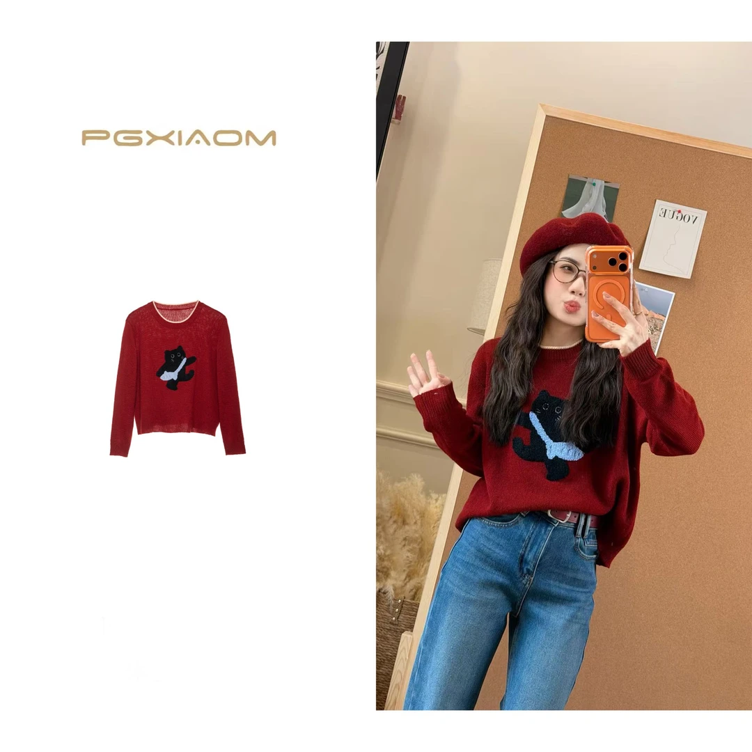 【PGXIAOM】润秀定制 红色圆领图案针织毛衣MY10559