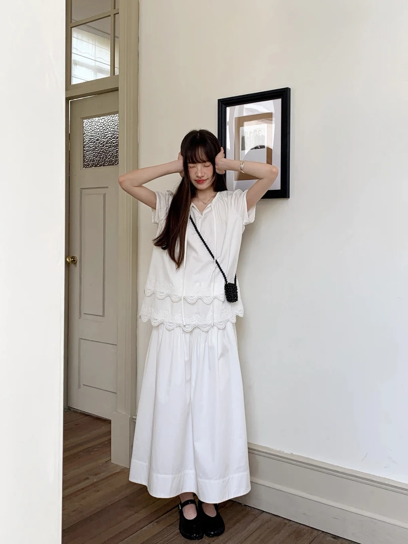 大码法式系带衬衫半裙宫廷风江南风两件套9039