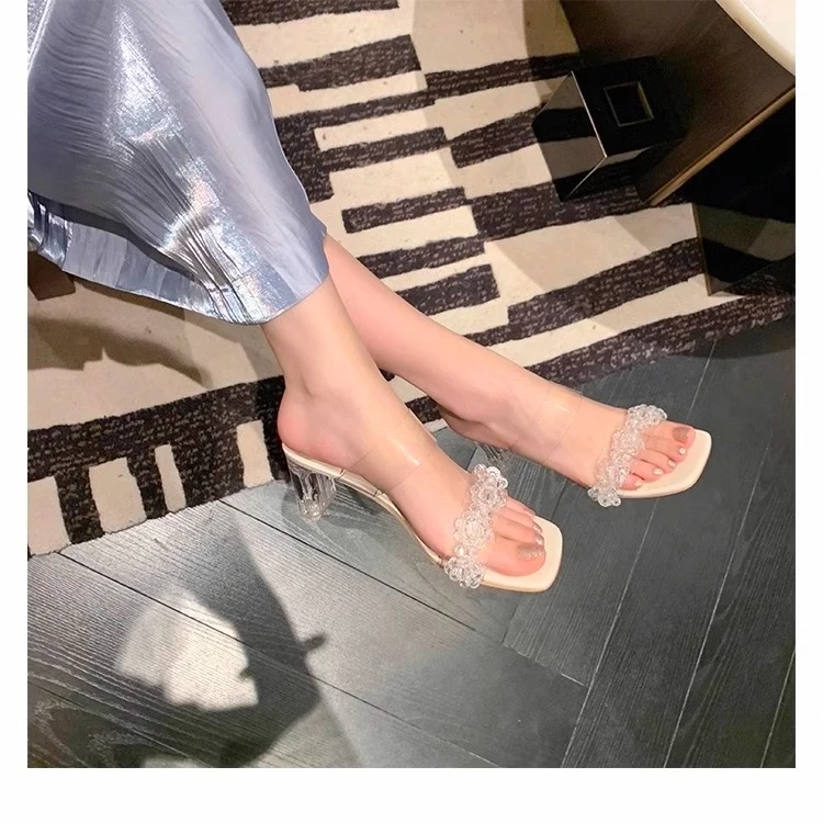 2025夏季新款水晶跟透明凉鞋女方头外穿高跟拖鞋粗跟一字带凉拖