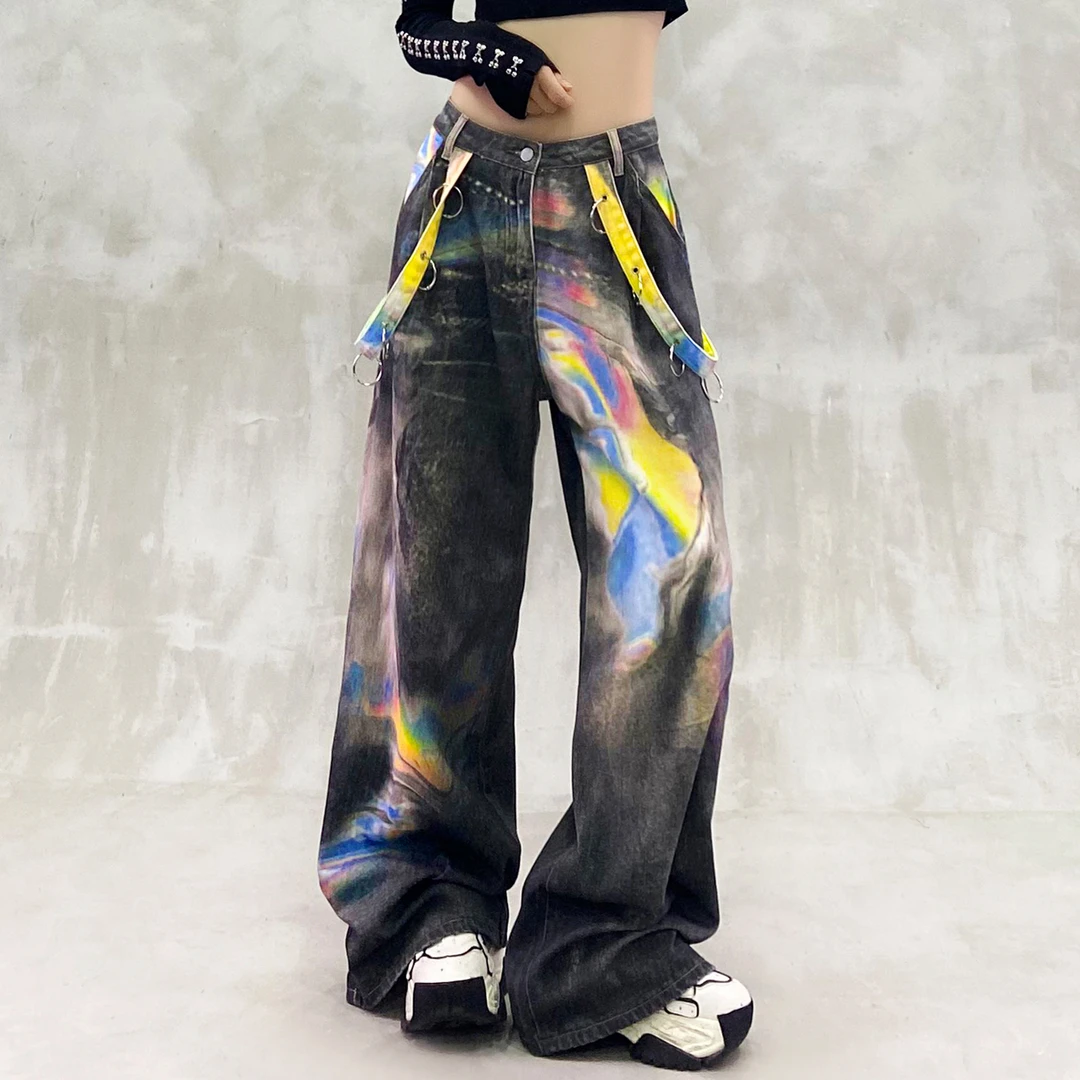 彩色印花设计休闲拖地牛仔裤女秋新款高腰宽松显瘦百搭直筒阔腿裤