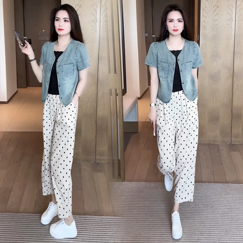 时尚套装夏季休闲减龄洋气宽松显瘦小个子牛仔上衣波点裤两件套