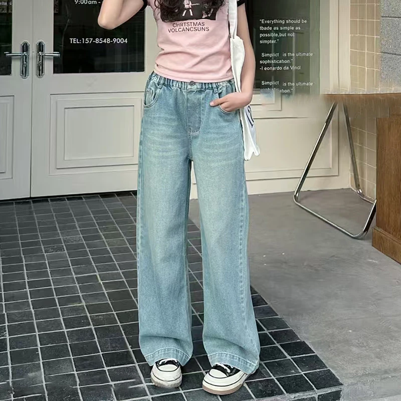 女童阔腿牛仔裤春秋款2025新款中大童春装女孩春款网红爆款直筒裤